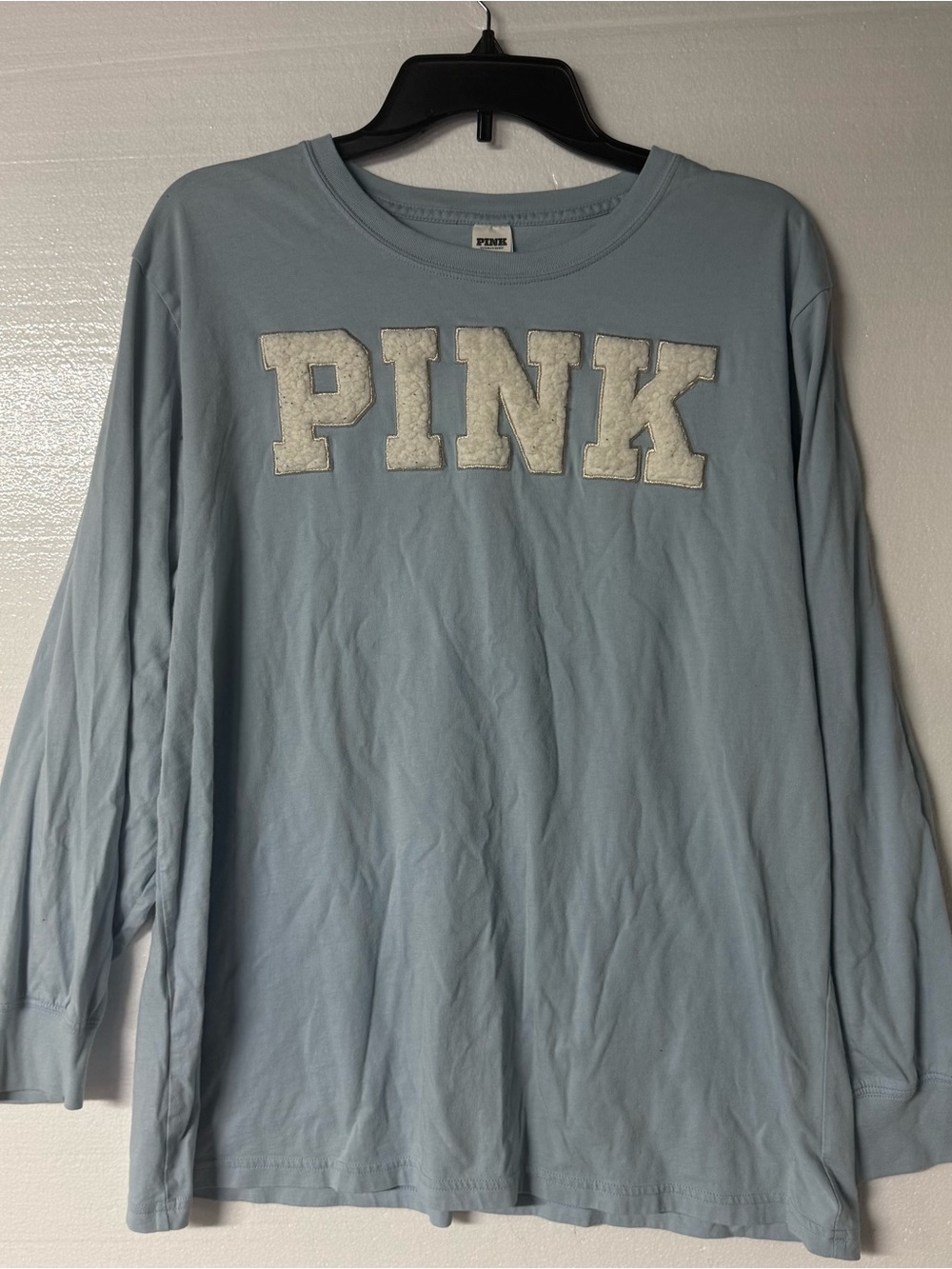 Victoria’s Secret PINK Women’s XL Blue Long Sleeve Textured Logo T-Shirt Cotton